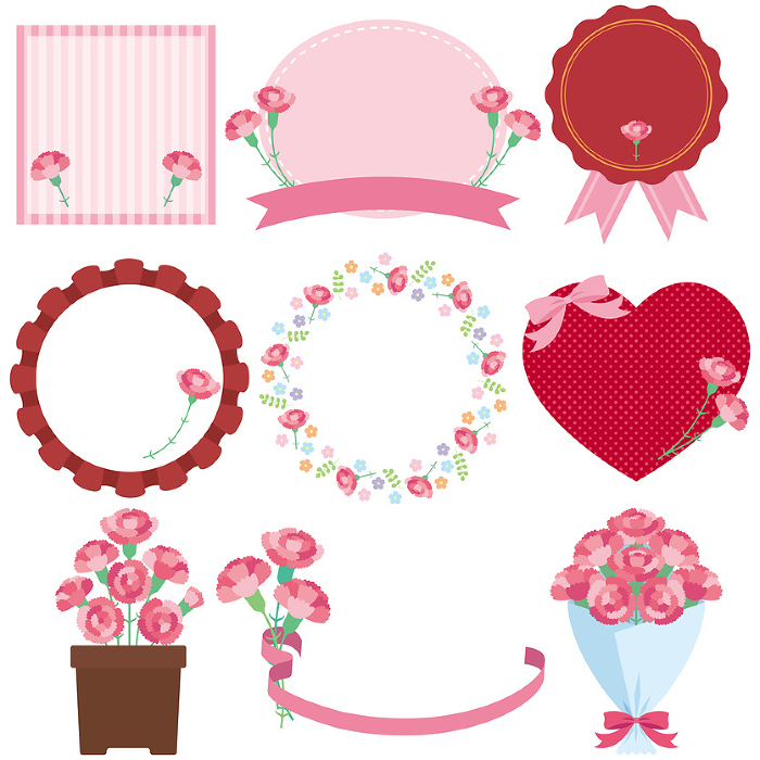 Illustration of a set of 9 cute frames of carnations for Mother's Day (without text)