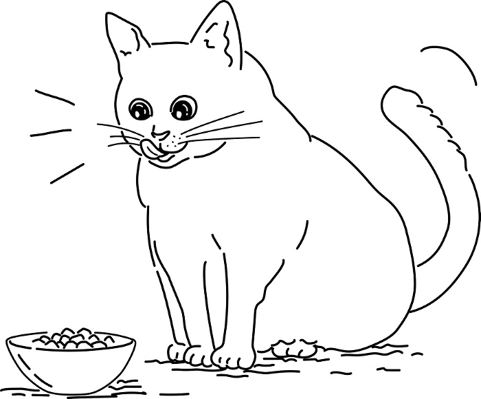 Illustration of a cat in front of food.