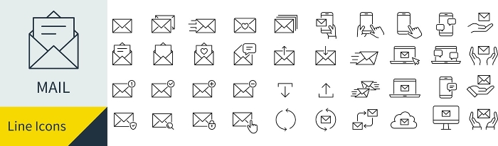 Vector mail line drawing icon set