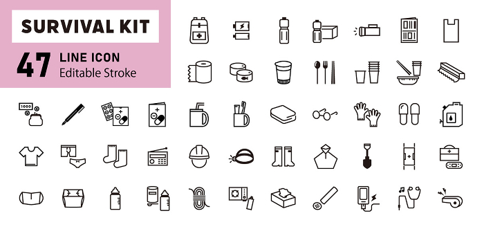Icon Set of Disaster Prevention Goods and Emergency Kit