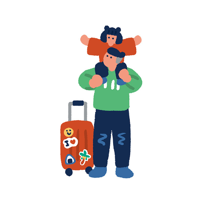 Hand drawn illustration of a parent and child riding on shoulders and a suitcase