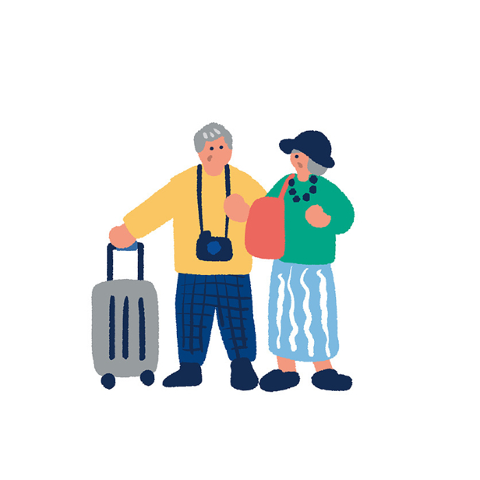 Simple and colorful hand-drawn illustration of a senior going on a trip.