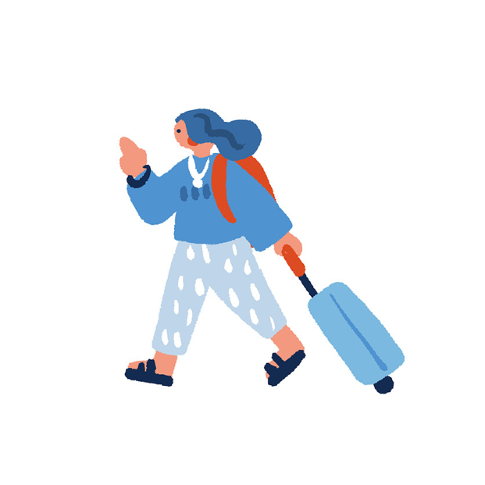 Hand drawn illustration of a woman walking with a suitcase
