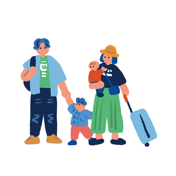Simple and colorful hand-drawn illustration of a parent and child on a family vacation.