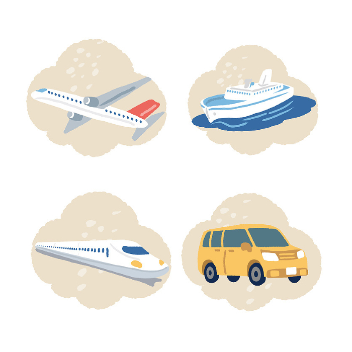 Clip art of airplane, ferry, bullet train, and car