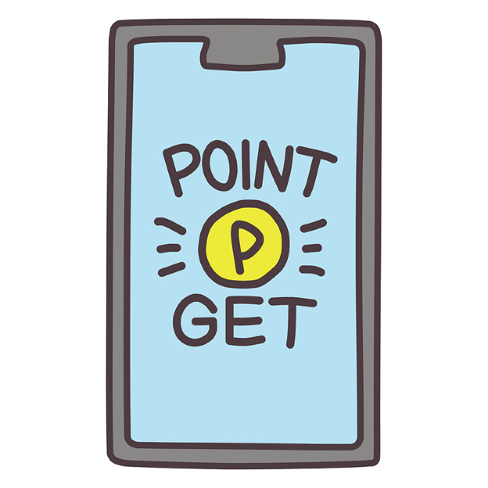 Simple illustration showing the words POINT GET and a coin marked P on the screen of the phone.