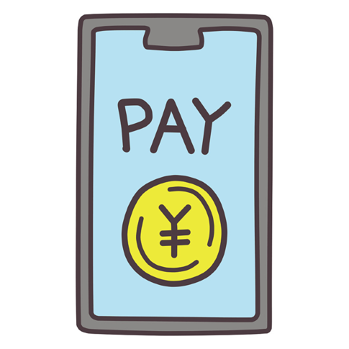 Simple illustration showing a coin with the word PEY and the Japanese yen symbol on the screen of a smartphone.
