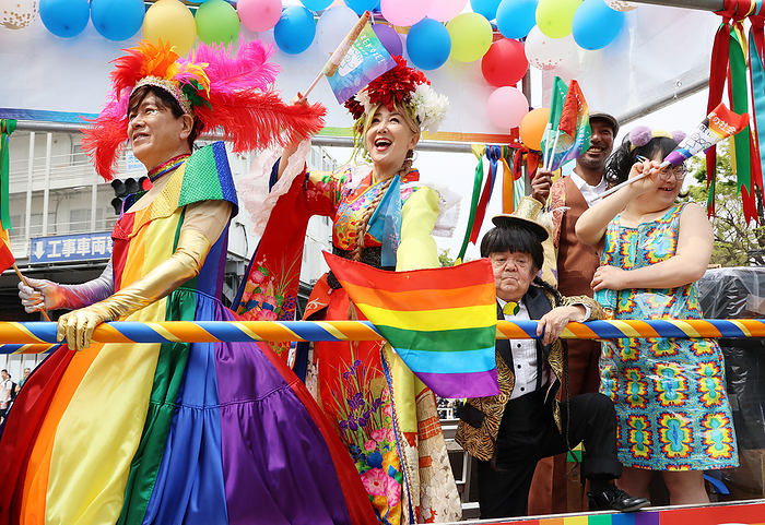 LGBY people and their supporters hold a pride parade April 21, 2024, Tokyo, Japan   Japanese actors Yuji Mitsuya  L , Chizuru Azuma  2nd L  and Mame Yamada  2nd R  join the parade for the lesbian, gay, bisexual and transgender  LGBT  community and their supporters, Tokyo Rainbow Pride Parade in Tokyo on Sunday, April 21, 2024.      photo by Yoshio Tsunoda AFLO 