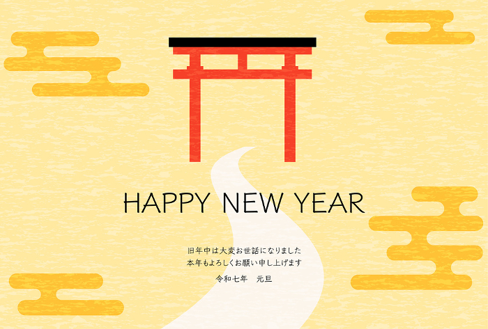 Images of Japanese-style New Year's cards, torii gates, and Hatsumode for the year 2025