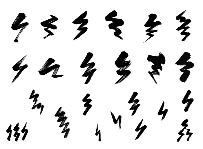 Clip art set of brush drawings of thunder and lightning.