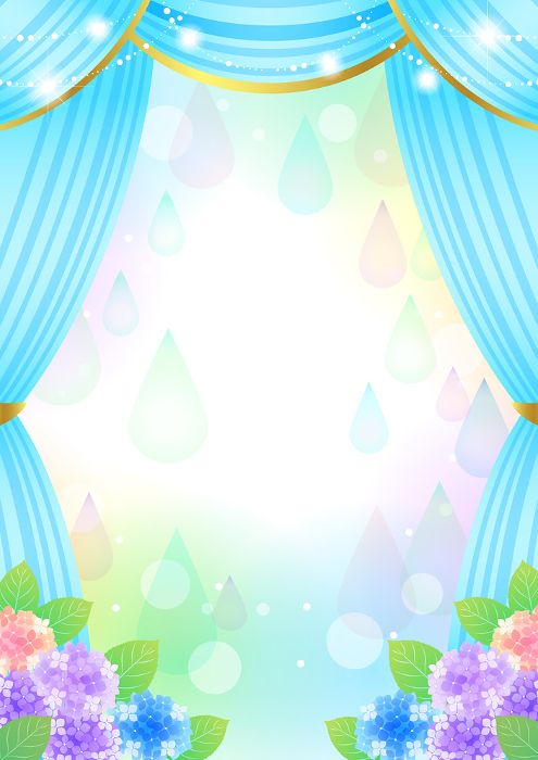 rainy season, theater, rug, curtain, blue, hydrangea, drop, colorful, cute, sparkling, background, illustration, vertical