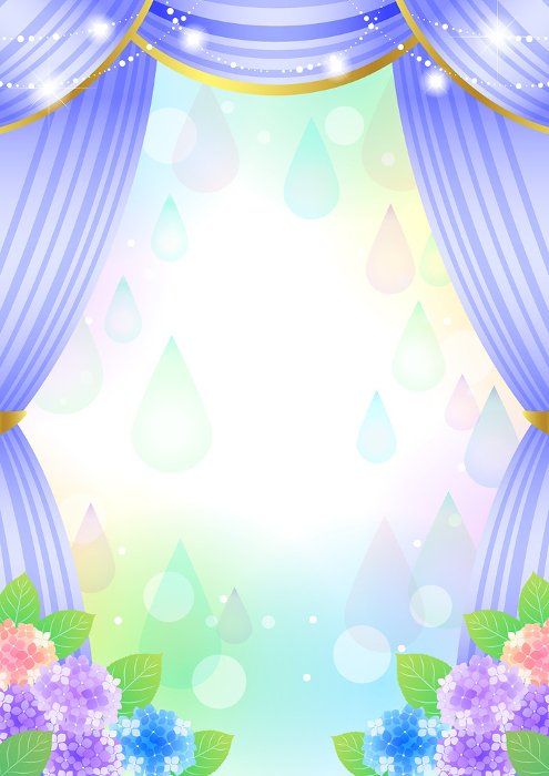 rainy season, theater, rug, curtain, purple, hydrangea, drop, colorful, cute, sparkling, background, illustration, vertical
