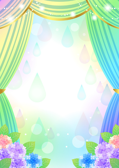 rainy season, theater, rug, curtain, rainbow, hydrangea, drop, colorful, cute, sparkling, background, illustration, vertical