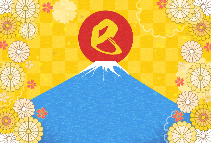 Japanese-style New Year's card for the year of the Snake 2025, Mt. Fuji and the first sunrise of the year