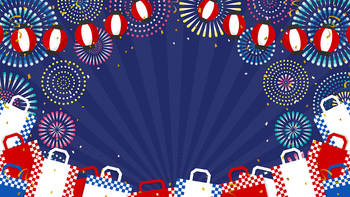 Background with fireworks, shopping bags and lanterns (16:9 landscape orientation)