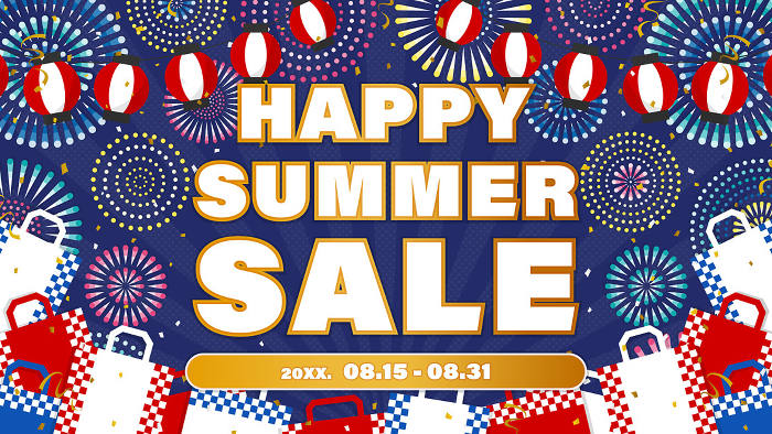 Template for Summer Sale Ads / Fireworks, Shopping Bags, and Chochin Background (Horizontal 16:9)