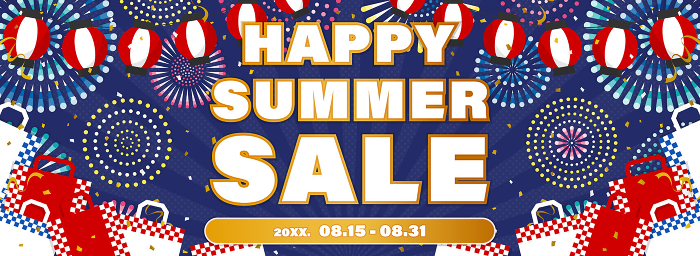 Template for Summer Sale Ads / Fireworks, shopping bags, and lantern background (horizontal for banner)