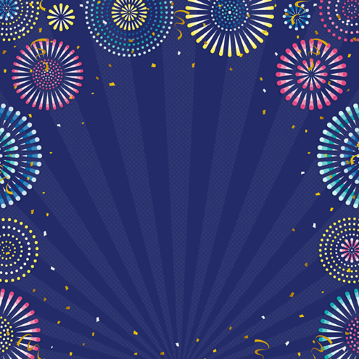 Background of fireworks, confetti and concentrated lines (square)