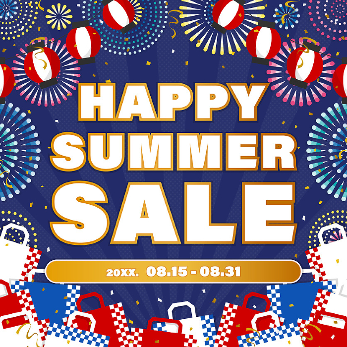 Template for Advertisement for Summer Sale / Background of fireworks, shopping bags and lanterns (square)