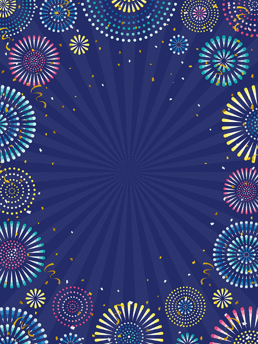 Fireworks and confetti, concentrated lines background (portrait orientation)