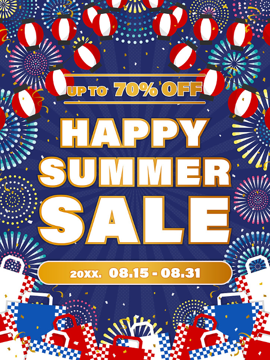 Template for Summer Sale Ads / Fireworks, shopping bags, and lantern background (portrait orientation)