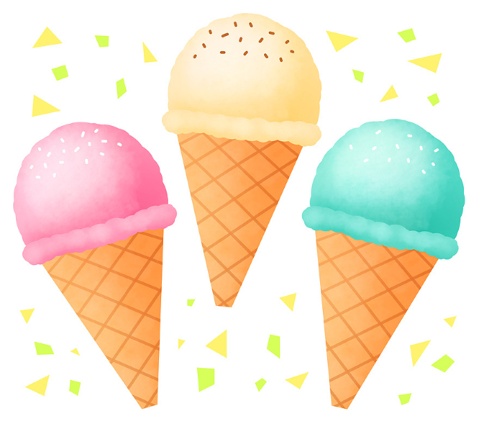 Illustration of a set of vanilla, strawberry and soda flavored ice cream