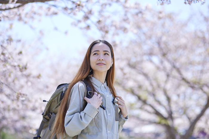 Female inbound backpackers enjoying cherry blossoms in spring