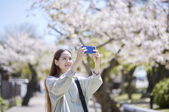 A foreign tourist woman takes a picture with her smartphone at a tourist attraction in spring