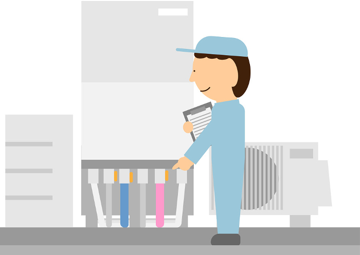 Image material of a person in work clothes inspecting a water heater.
