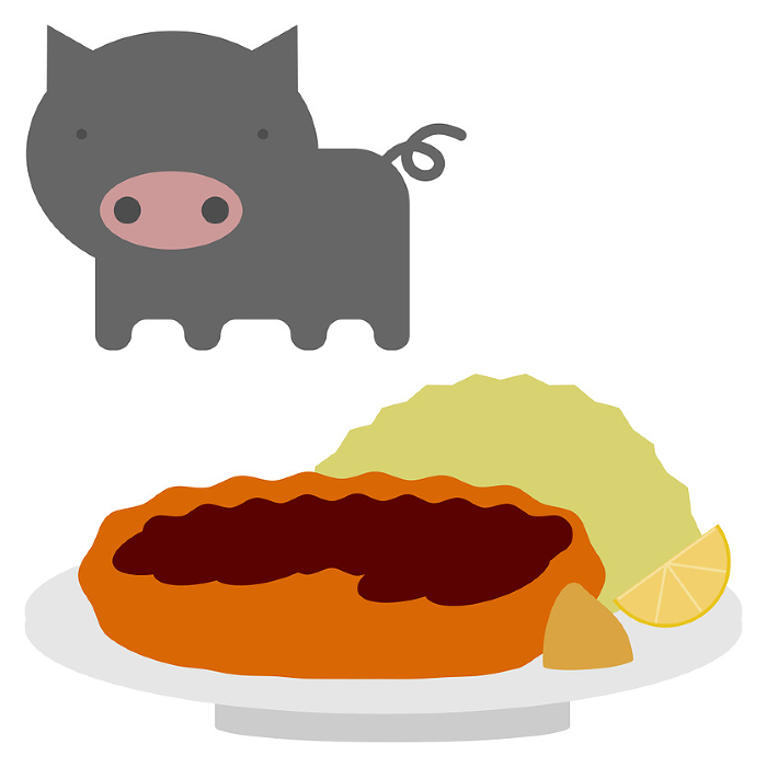 Clip art set of cute black pig icon and pork cutlet