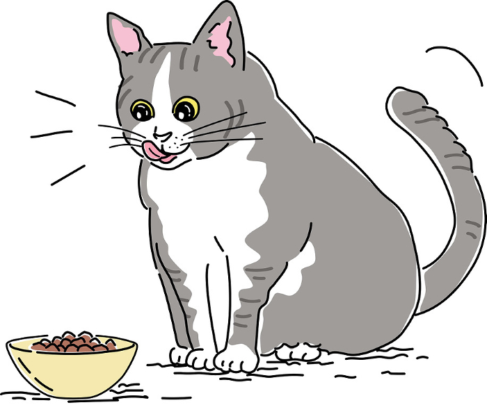 Hand-drawn color illustration of a cat licking its tongue in front of food.