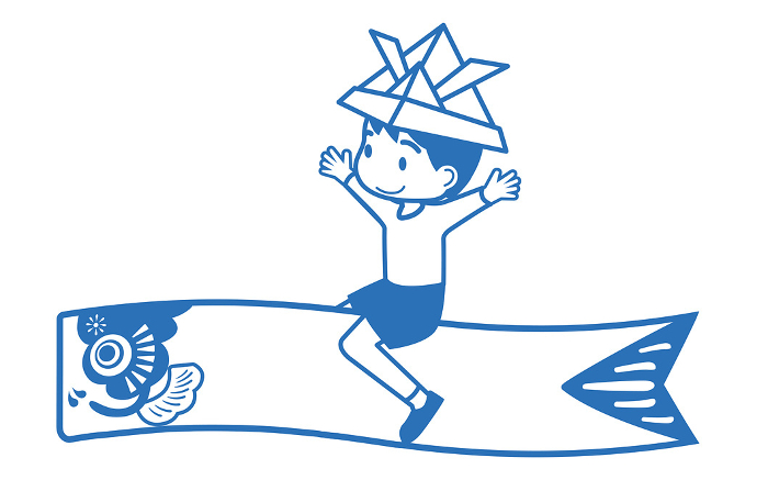 Clip art of simple line drawing of Children's Day on Dragon Boat Festival A boy wearing a helmet riding on a carp streamer