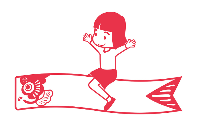 Clip art of simple line drawing of children's day of Boys' Festival A girl wearing a helmet riding on a carp streamer