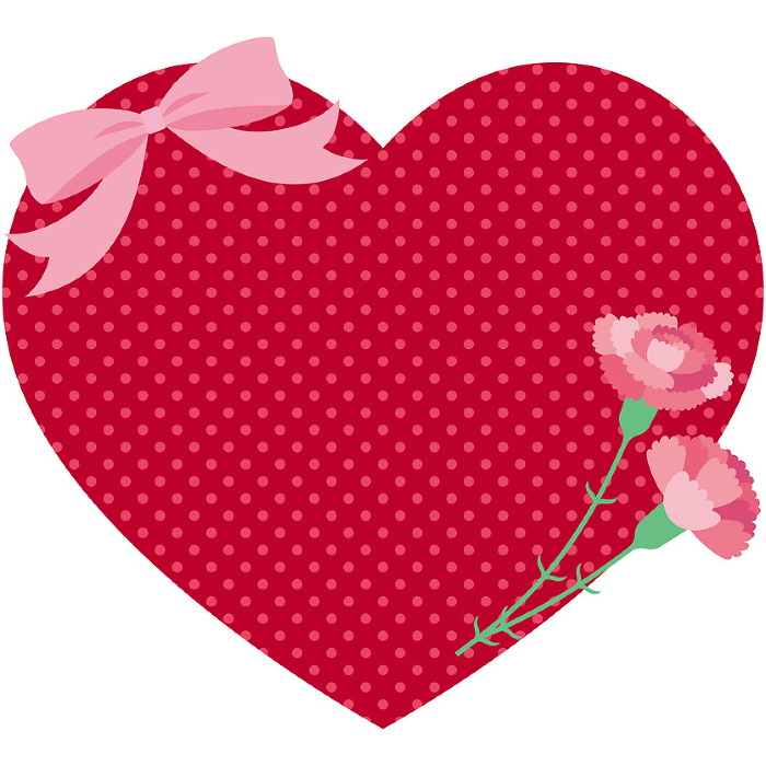 Illustration of dotted heart-shaped frame with carnations and ribbon for Mother's Day (no text)