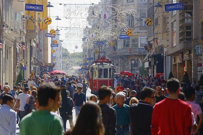 Istanbul, Turkey Istiklal Street or  stiklal Caddesi and a historic tram, Beyo lu, Istanbul, European side, Istanbul Province, Turkey, European side, Europe