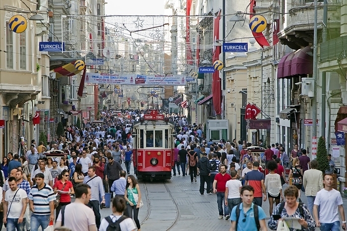 Istanbul, Turkey Historic tram in Istiklal Avenue, busy shopping street near Taksim square in the city Istanbul, Turkey, Asia