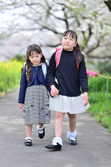 Sisters walking along the promenade in a park where cherry blossoms are in bloom.