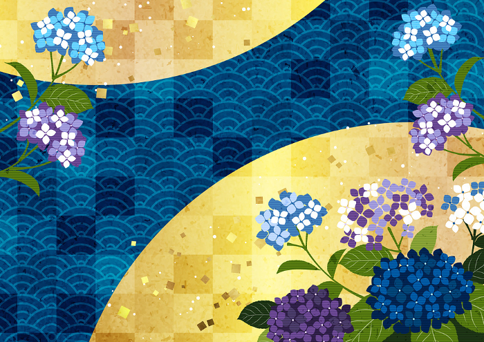 Hydrangea, Japanese Pattern, Japanese Pattern, Background, Illustration, Cute, Rainy season, Checkered pattern, Horizontal