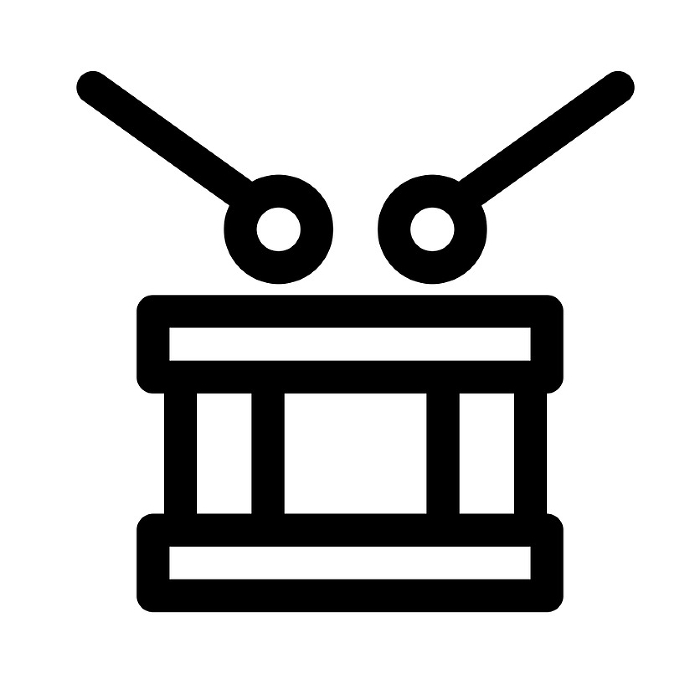 Line style icons representing music, drums, and drums