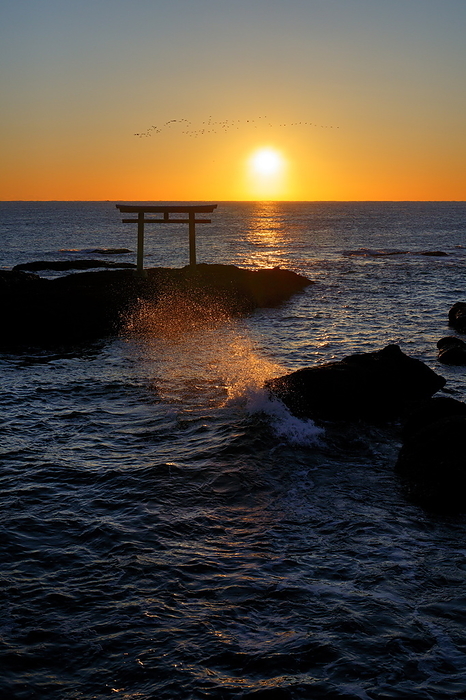 Oarai Isomae Shrine, Torii of Kamiiso, sunrise, Ibaraki Pref.