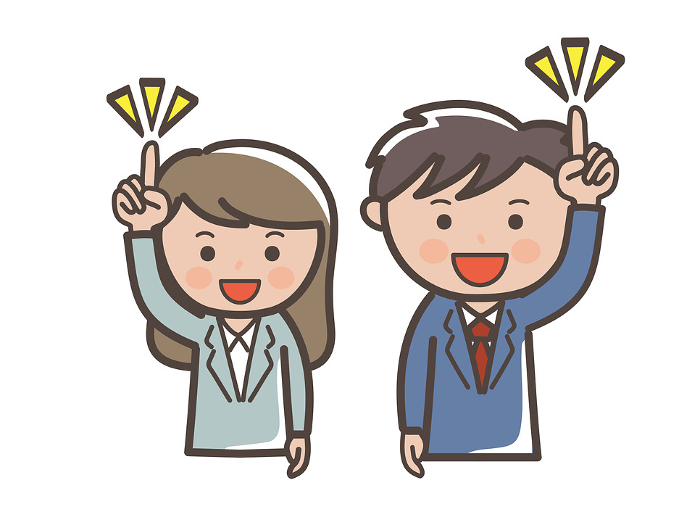 Illustration of upper body of a man and woman businessman pointing to an image that inspired an idea.