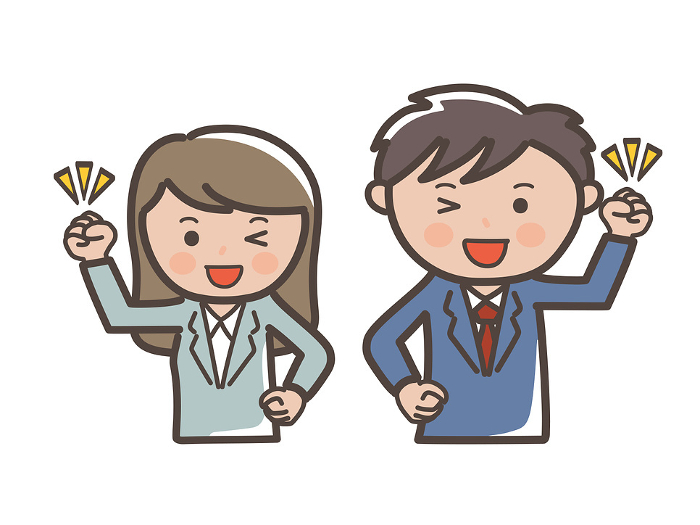 Illustration of upper body of male and female businessman winking with guts.