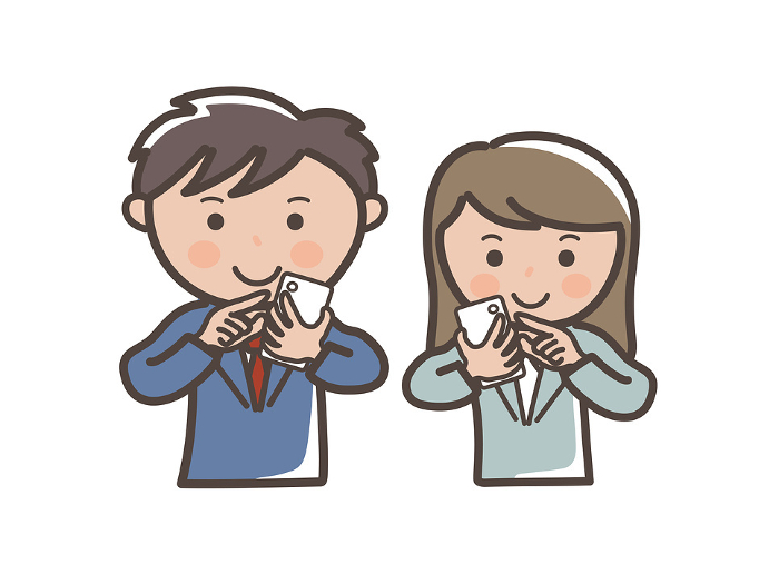 Clip art of upper body of male and female businessman operating a cellular phone