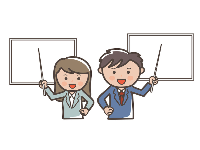 Illustration of upper body of a male and female businessman explaining in a presentation