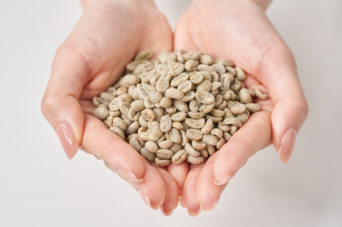 Woman holding coffee beans before roasting