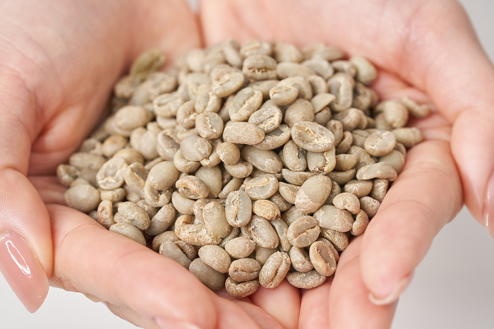 Woman holding coffee beans before roasting