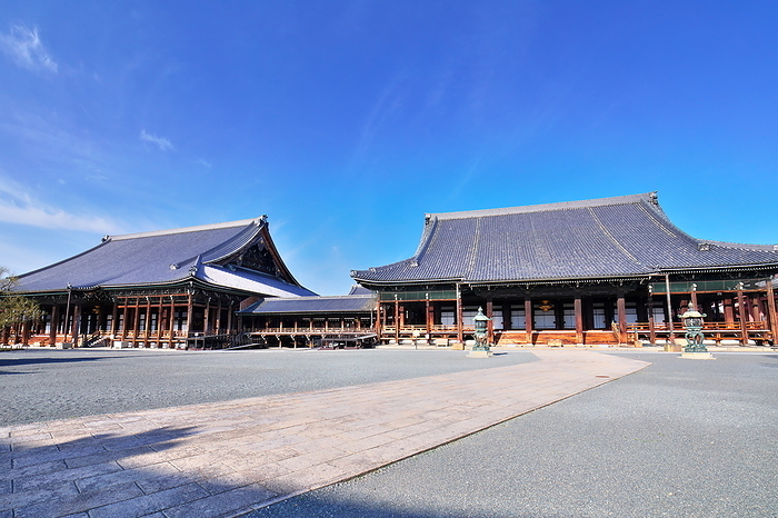 Honganji Temple (Nishi Honganji) in spring: Mikageido (left) and Amida Hall (right), Kyoto, Japan