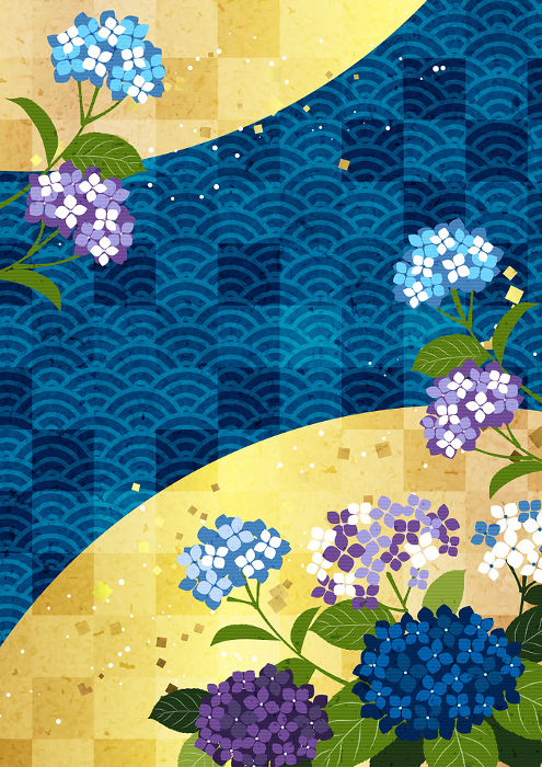 Hydrangea, Japanese Pattern, Japanese Pattern, Background, Illustration, Cute, Rainy season, Checkered pattern, Vertical
