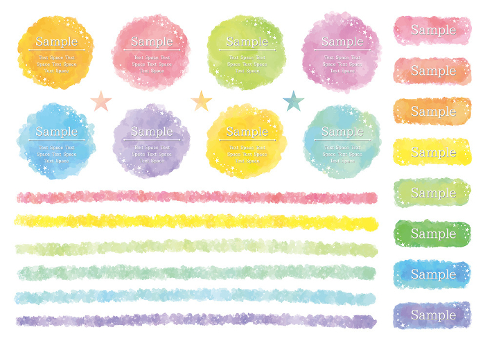 Set of colorful watercolor style circles and lines with star decoration