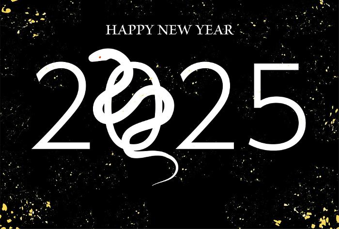 New Year's card for the year of the snake 2025, snake silhouette and the word 2025, black background